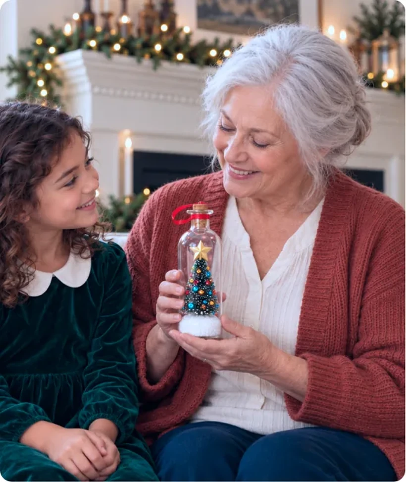 Grandmother smiling while listening to the Claus Keepsakes Christmas Memory Bottle