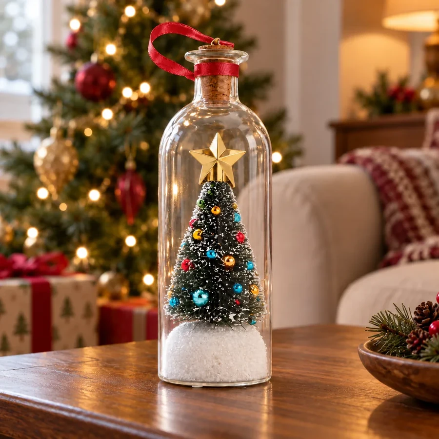Claus Keepsakes Christmas Memory Bottle hanging on a lit Christmas tree branch
