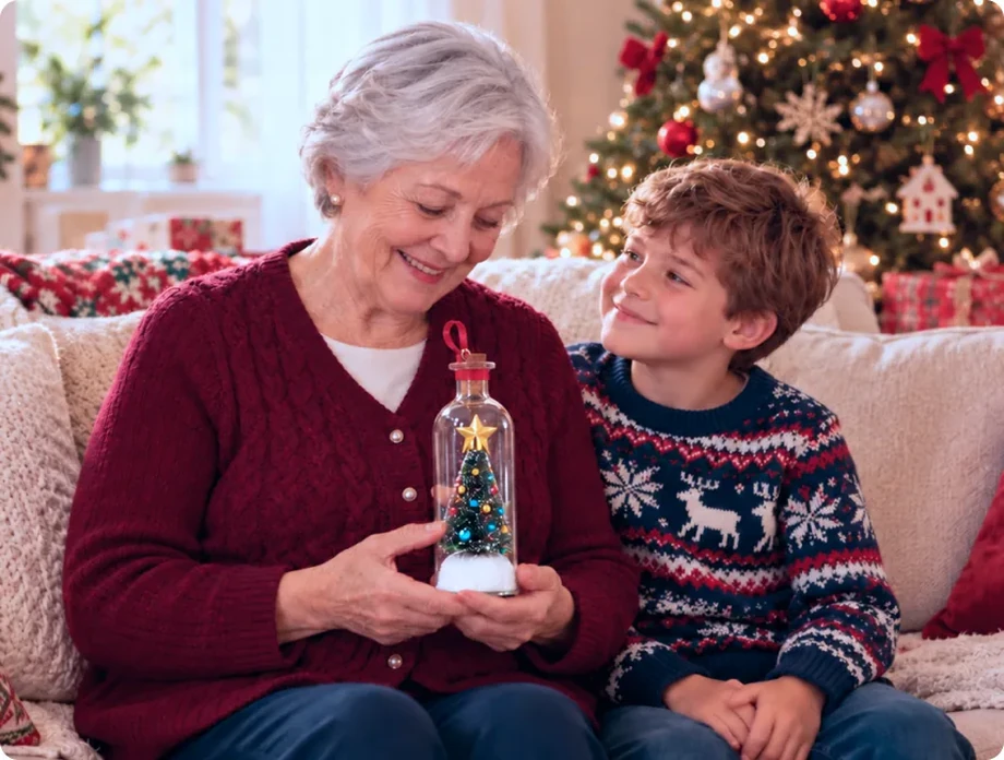 Pulling the cork on the Claus Keepsakes Christmas Memory Bottle by the holiday tree