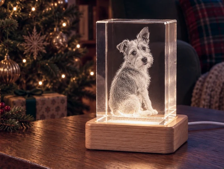 3D laser-etched cat portrait inside the Claus Keepsakes Living Memory Crystal