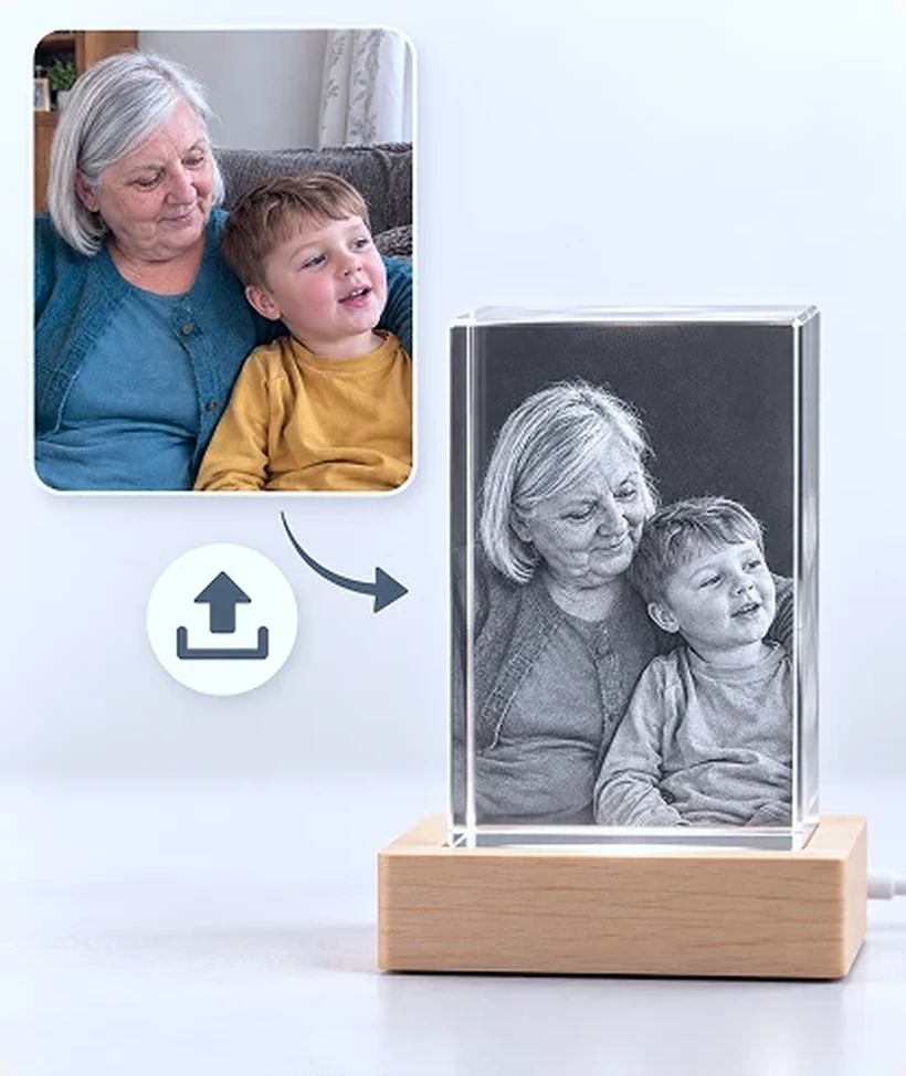 Grandmother and child portrait etched in 3D inside the Claus Keepsakes Living Memory Crystal